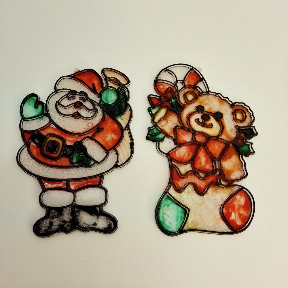 Vintage Plastic Suncatcher Christmas Ornaments Santa Claus Teddy Bear n Stocking